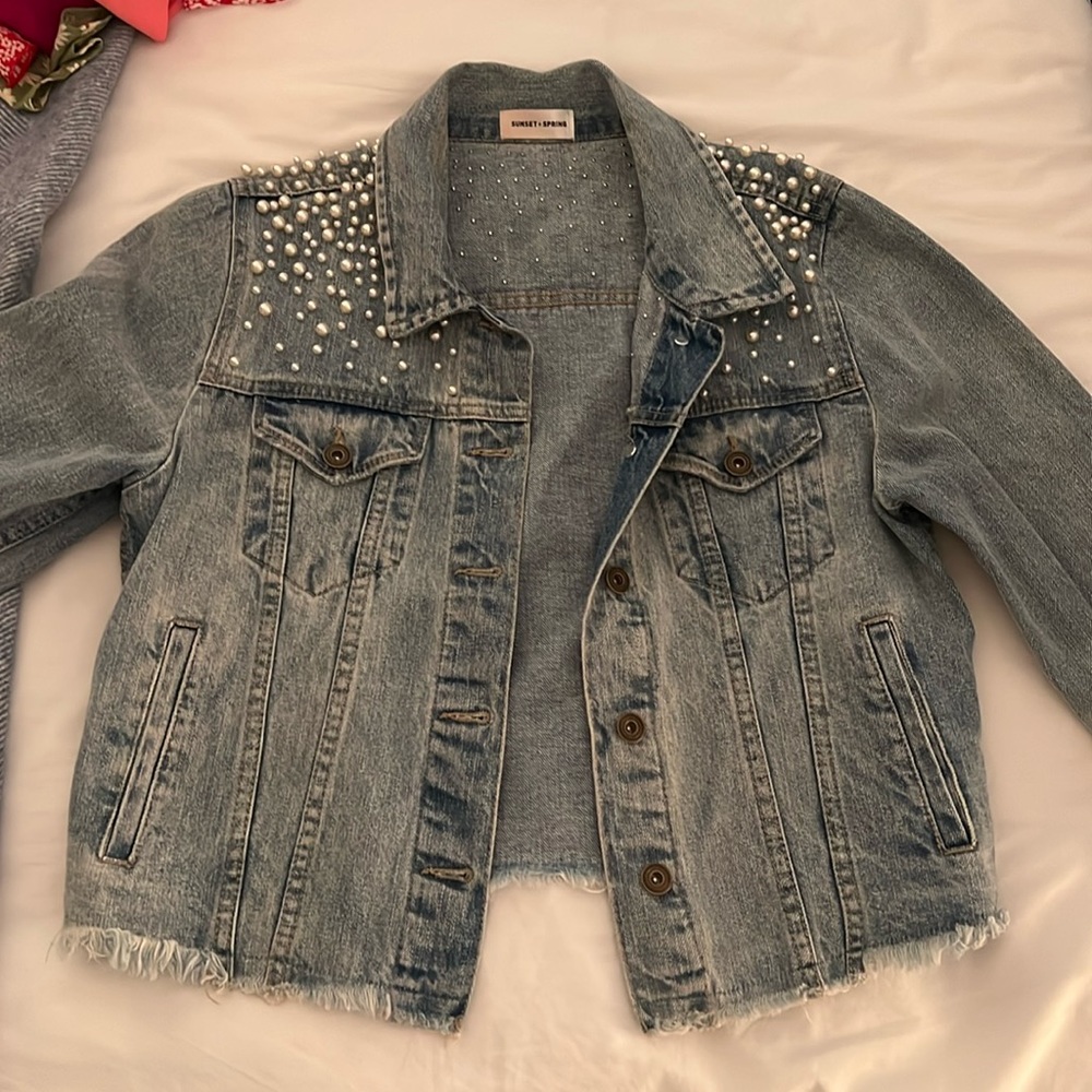 Pearl embellished denim jacket